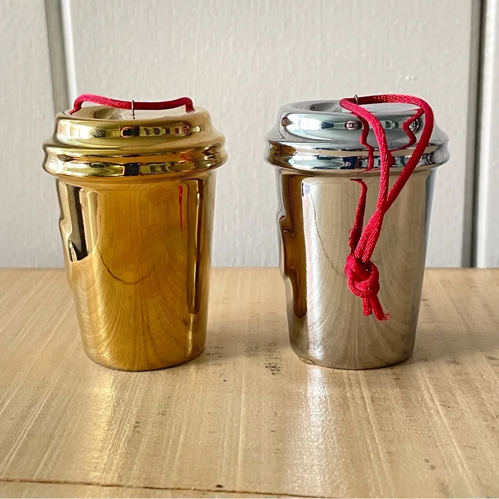 $15 SALE Starbucks Set of 2 Holiday 2014 Ornament VTG Collectible Silver Gold